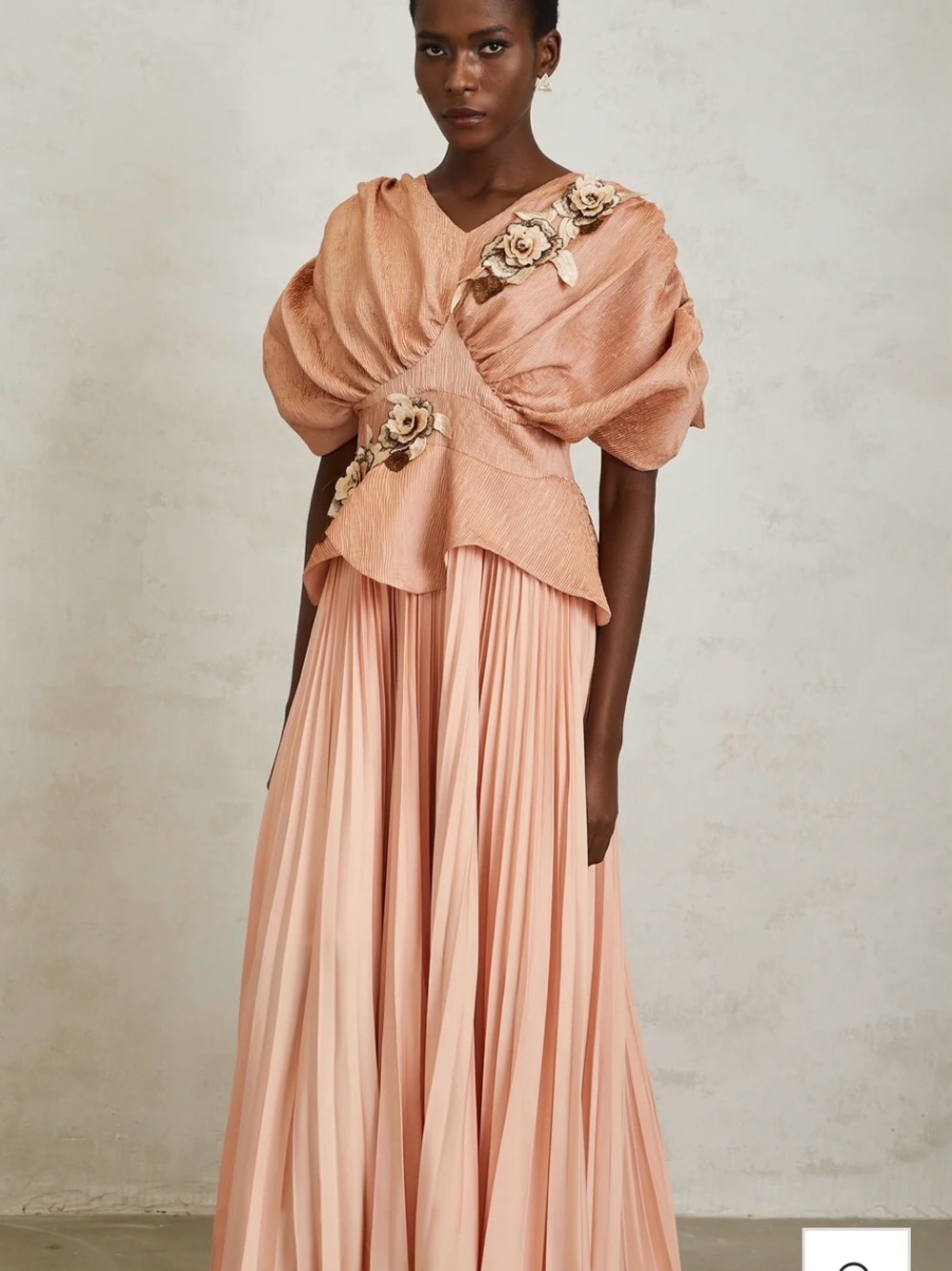 Romantic Peach Maxi Dress with Floral Appliqué